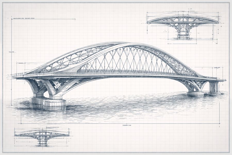 Pencil drawing of an arched bridge