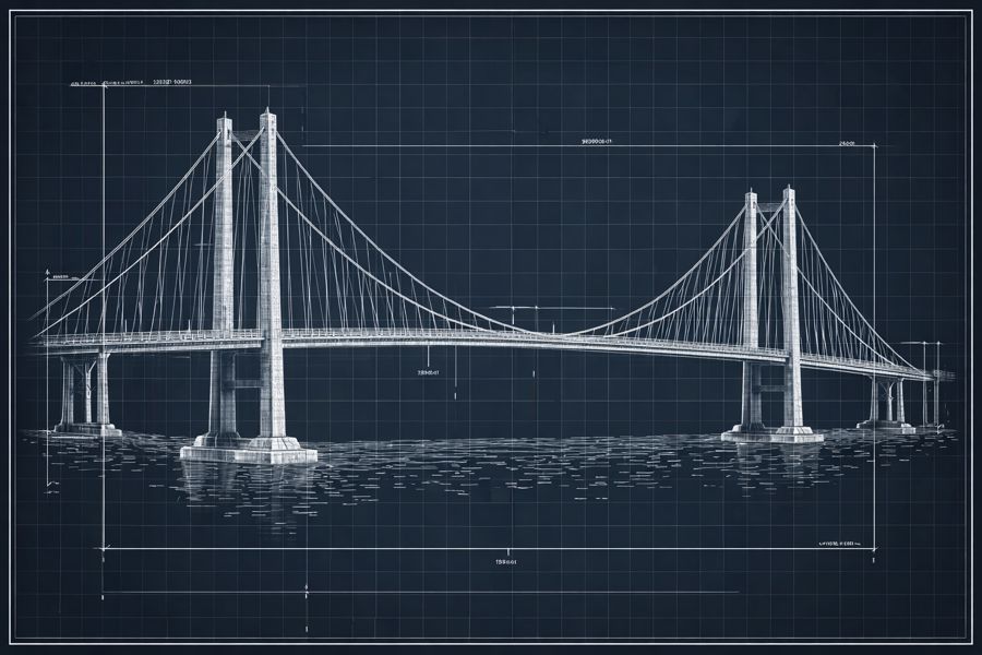 Blueprint of a suspension bridge